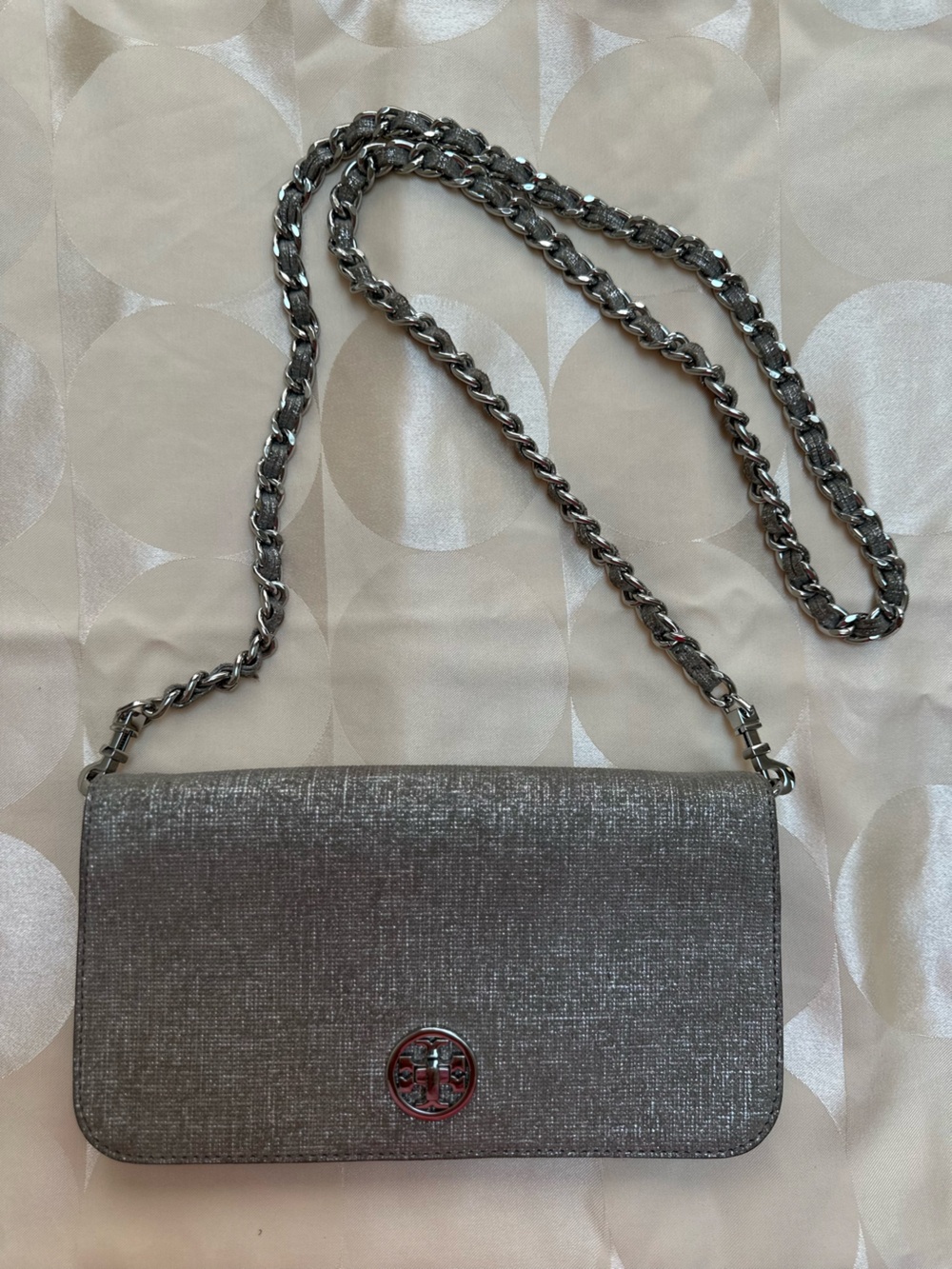 Tory Burch Silver Suede Metallic Chain Crossbody Clutch